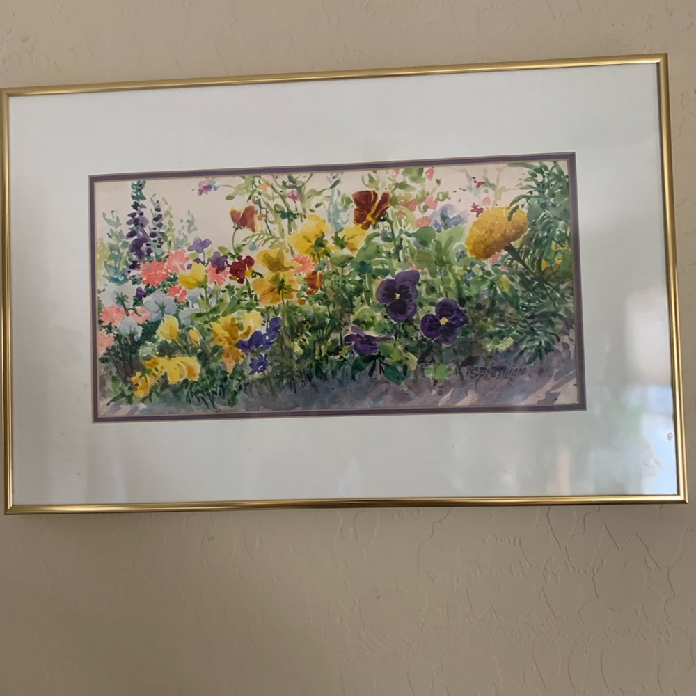 Vibrant Floral Watercolor Matted in Gold Frame and Signed By Artist 14” x 21” - Picture 4 of 10